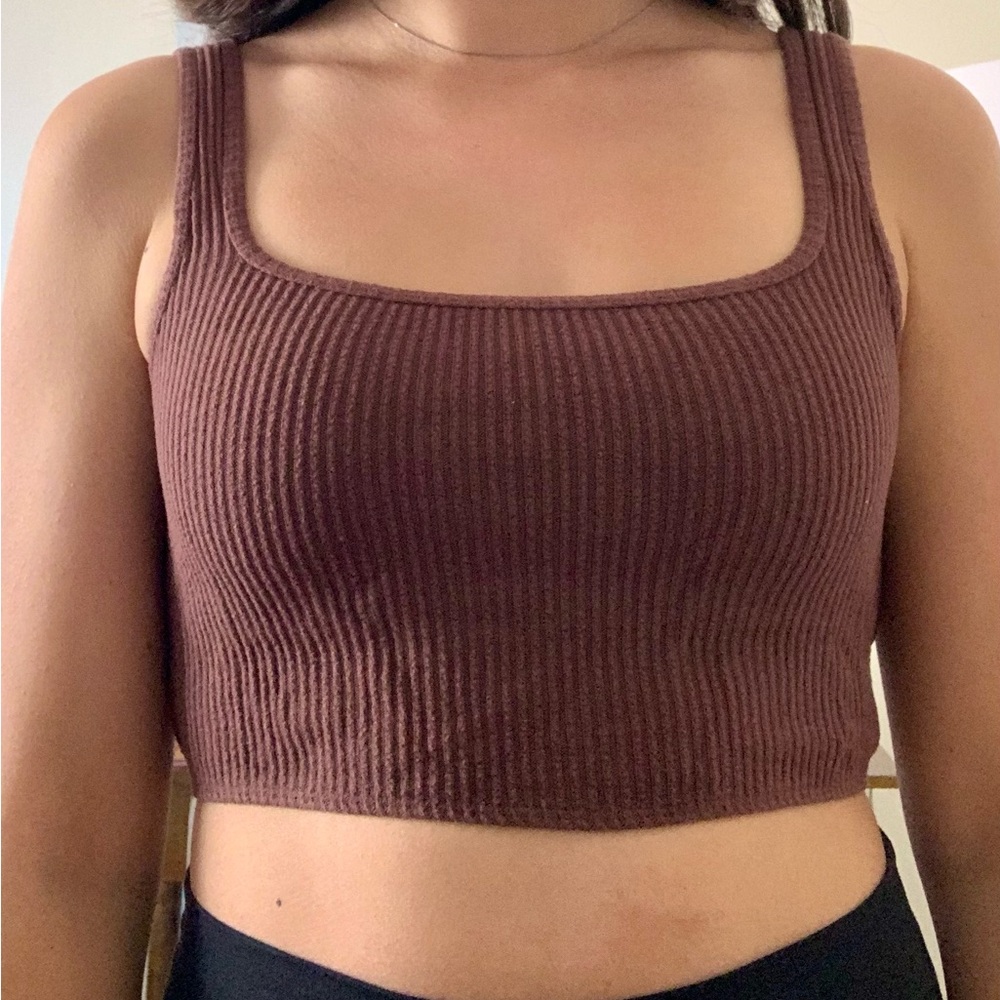 Abercrombie & Fitch Ribbed Square-Neck Crop Tank Top - Cocoa Brown